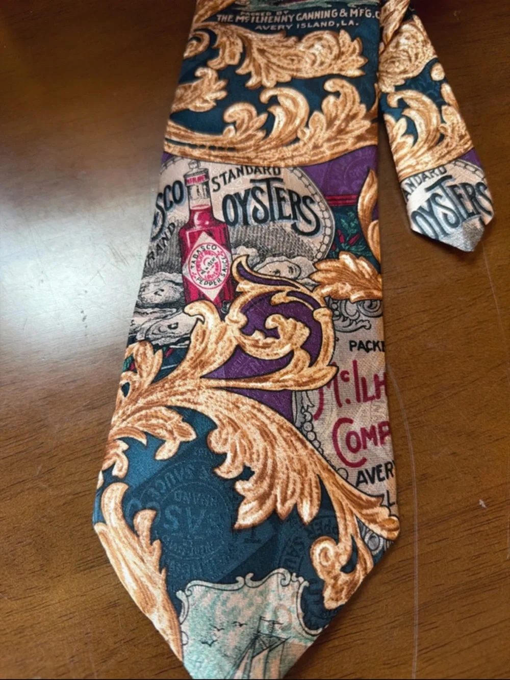Tabasco Decorative Scroll Pattern Tie in Teal, Purple and Tan